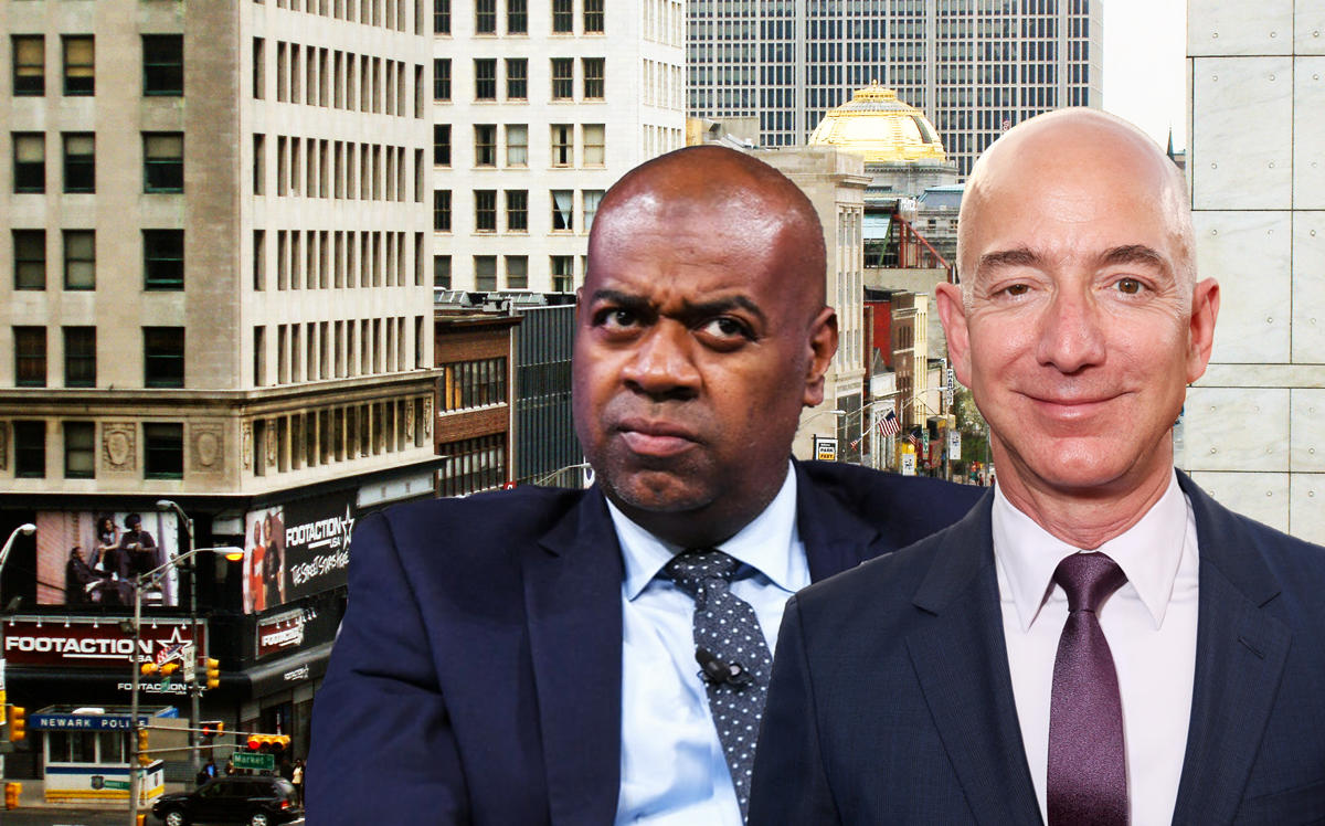 From left: Broad Street in Newark, Ras Baraka, and Jeff Bezos (Credit: Wikipedia and Getty Images)