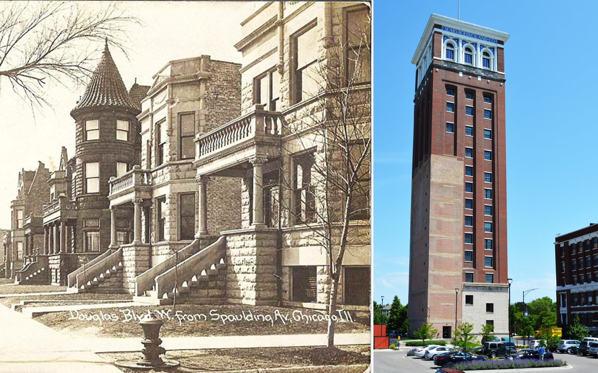 A photo of North Lawndale greystones from the early 1920s and Nichols Tower at Homan Square (Credit: North Lawndale Historical and Cultural Society)