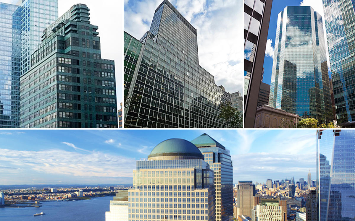 Clockwise from top left: 330 West 42nd Street, 219 East 42nd Street, 55 East 52nd Street Fisher Brothers, and 225 Liberty Street (Credit: Wikipedia, Yardi Matrix, Fisher Brothers, and Brookfield Properties)