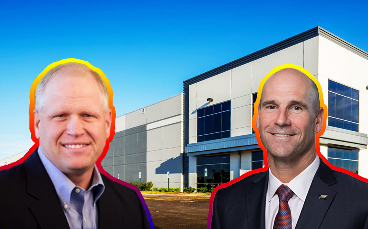 From left: Mike Yungerman of Opus, The 10 Falcon Court warehouse in Streamwood, and Expeditors International CEO Jeffrey Musser (Credit: Opus Group and Expeditors)