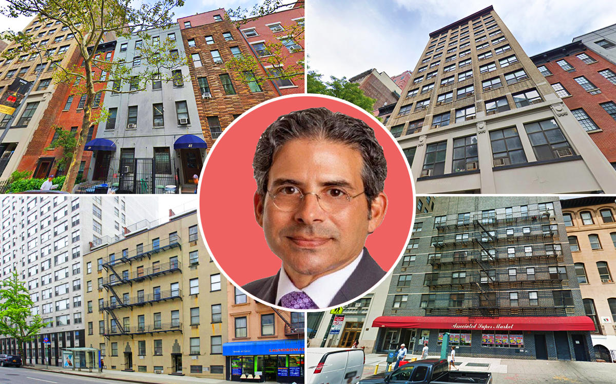 Clockwise from top left: 37-39 West 16th Street, 43 West 16th Street, 253 West 14th, 1556 York Avenue, and Pan Am Equities CEO Scott Solomon (middle) (Credit: Google Maps, apartments, and, LinkedIn)