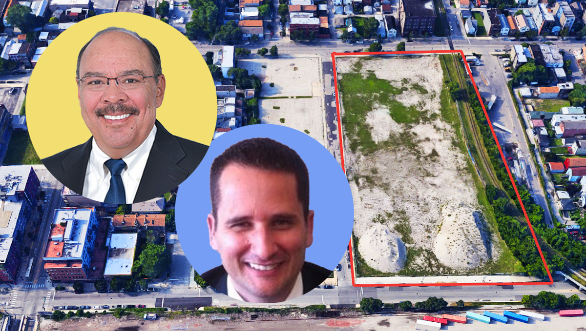 From left: Tony Salazar (yellow), Rogelio Flores (blue), and Property Markets Group’s Pilsen property (Credit: McCormack Baron Salazar, LinkedIn, and Google Maps)
