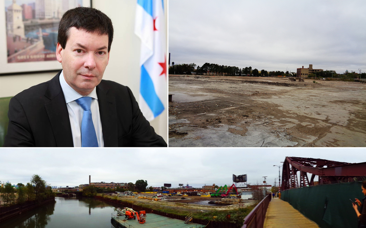 Clockwose from top left: Alderman Brian Hopkins (2nd, the former Finkl steel site, and a panorama of the Finkl Steel site (Credit: Facebook and Daniel X. O'Neil via Flickr)