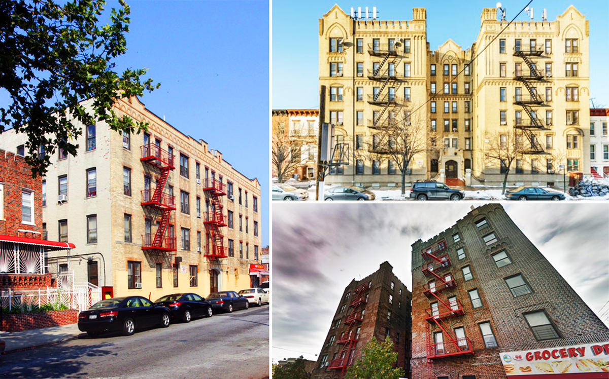 Clockwise from left: 202 East 91st Street, 957 Greene Avenue, and 428 East 46th Street in Brooklyn (Credit: Apartments, Tri Borough Multifamily, and Google Maps)