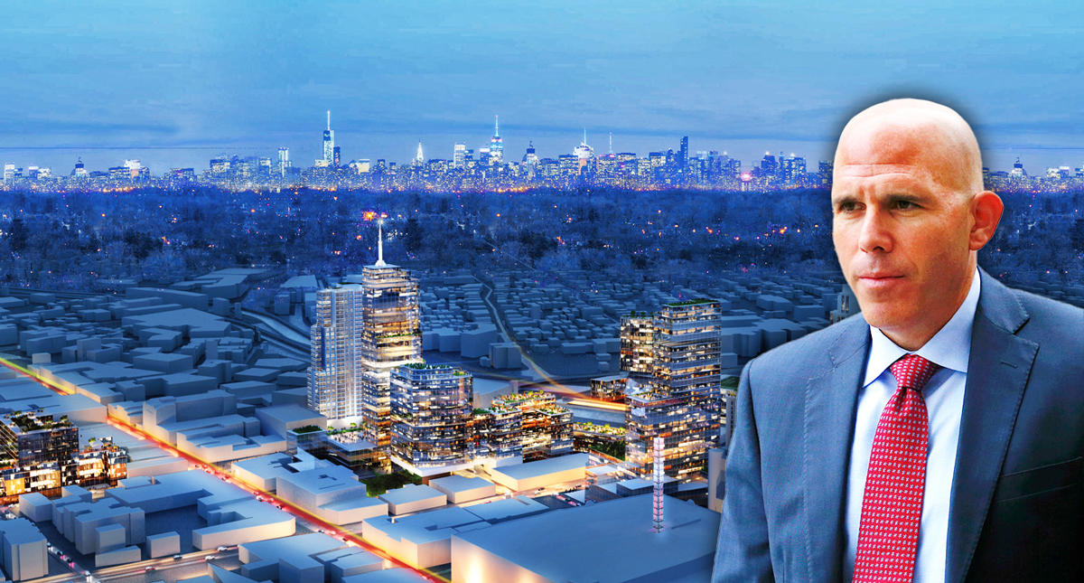 A rendering of Downtown New Rochelle and Scott Rechler (Credit: RXR Realty and Getty Images)