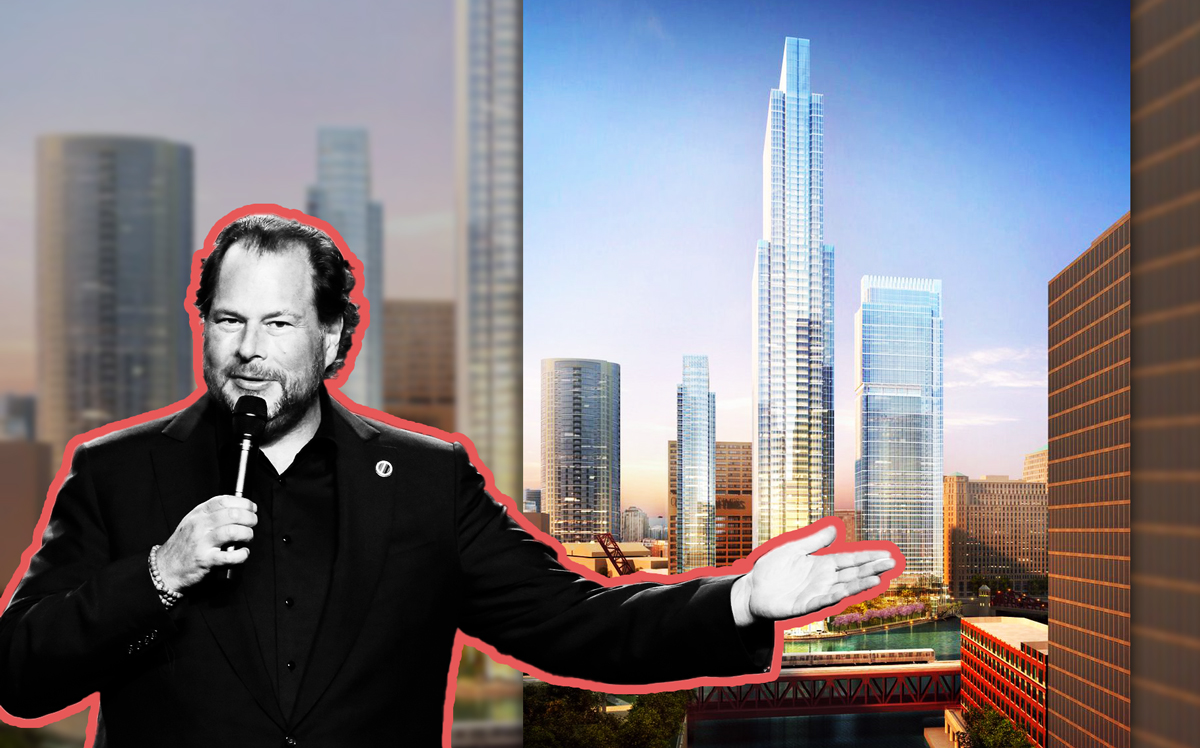 Salesforce CEO Marc Benioff  and a rendering of Wolf Point at 343 West Wolf Point Plaza (Credit: Getty Images)