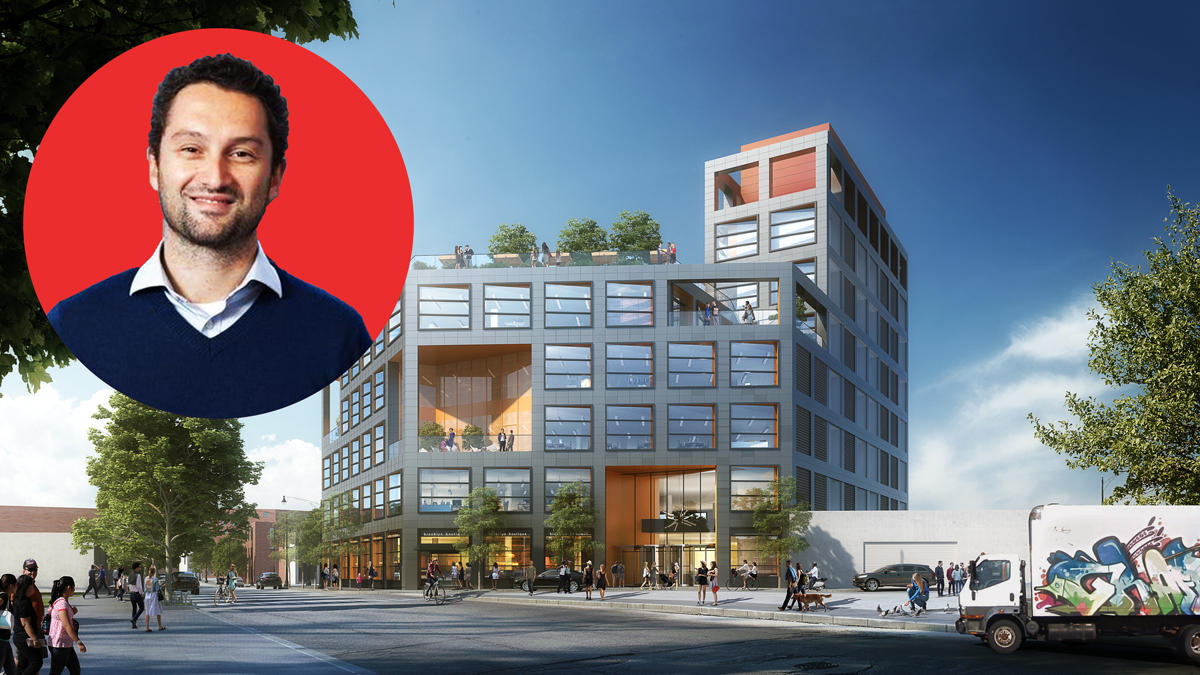 Simon Baron president Matthew Baron and a rendering of 12 Franklin Street in Brooklyn (Credit: Ollie)