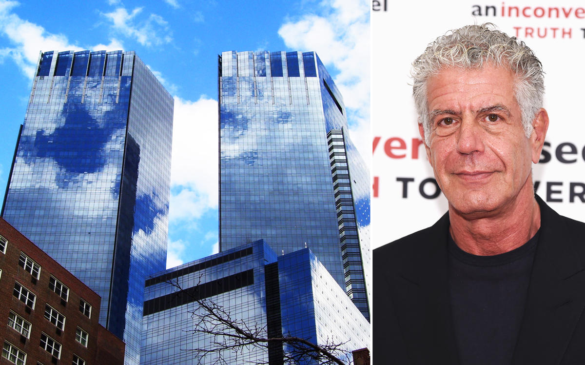 Time Warner Center at 10 Columbus Circle and Anthony Bourdain (Credit: Wikipedia and Getty Images)