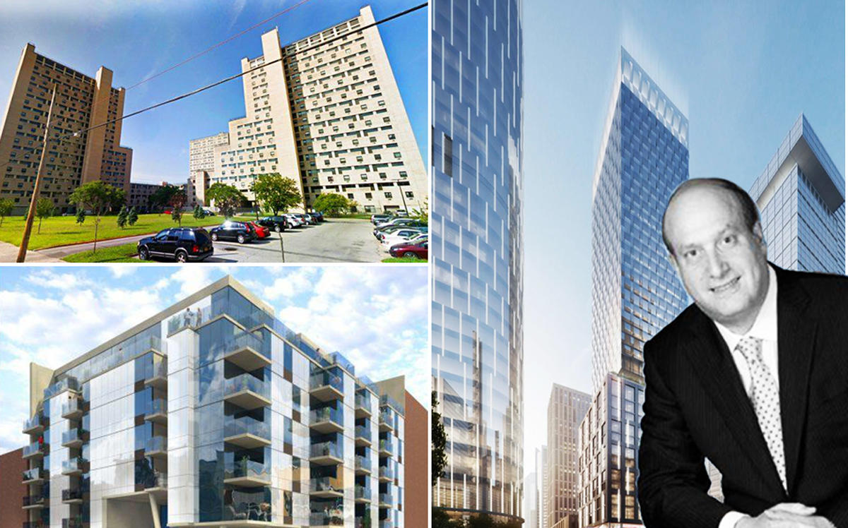 Clockwise from right: David Marx and a rendering of the Marriot Hotel at 450 11th Avenue, a rendering of 98-04 Queens Boulevard in Rego Park, and 2760 West 33rd Street in Brooklyn (Credit: Peter Casini Architect and Google Maps)