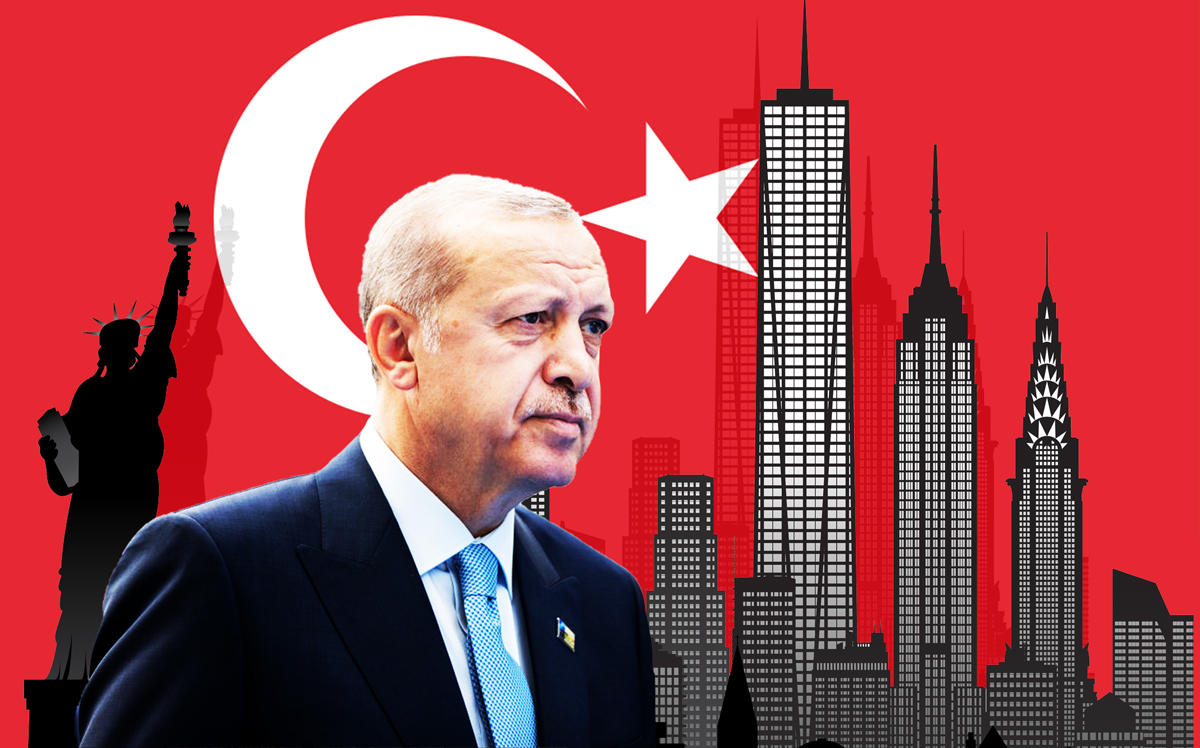 Turkish President Recep Tayyip Erdogan, New York City, and the Flag of Turkey (Credit: Getty Images, iStock, and Wikipedia)