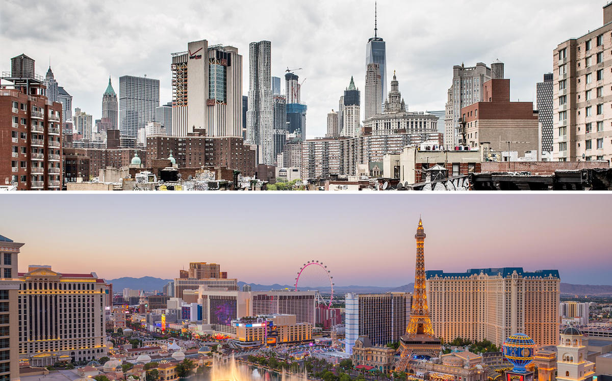 New York (top) and Las Vegas (bottom) skylines (Credit: Pixabay and iStock)