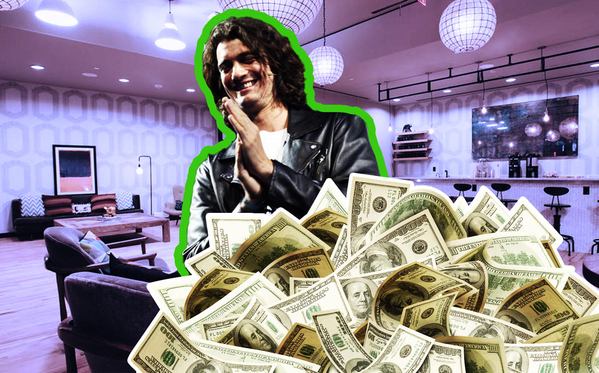 Adam Neumann in a pile of cash at a WeWork space (Credit: iStock, Getty Images, and WeWork)