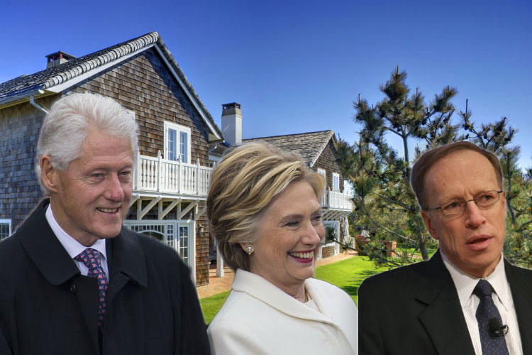 Bill and Hillary Clinton, Elie Hirschfeld and the home at 211 Lily Pond Lane (credit: Sotheby's International Realty)
