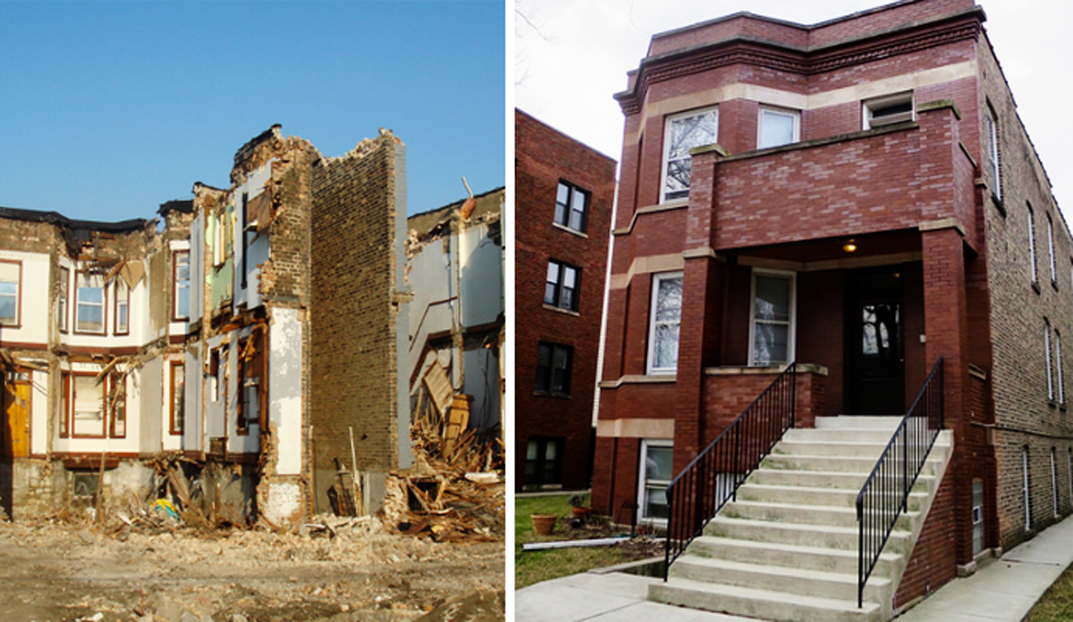 An apartment building being demolished in Logan Square and a classic Chicago two-flat (Credit: Daniel X. O'Neil and Brian Crawford via Flickr)