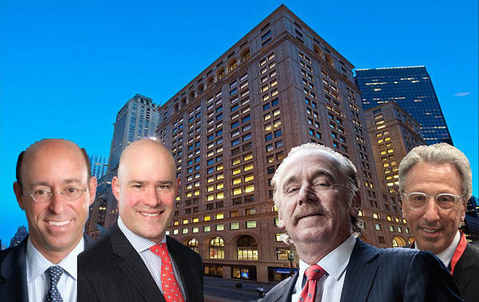 (from l.) Brian Ezratty, Ron Solarz, Jimmy Kuhn and Barry Gosin with Newmark's headquarters at 125 Park Avenue