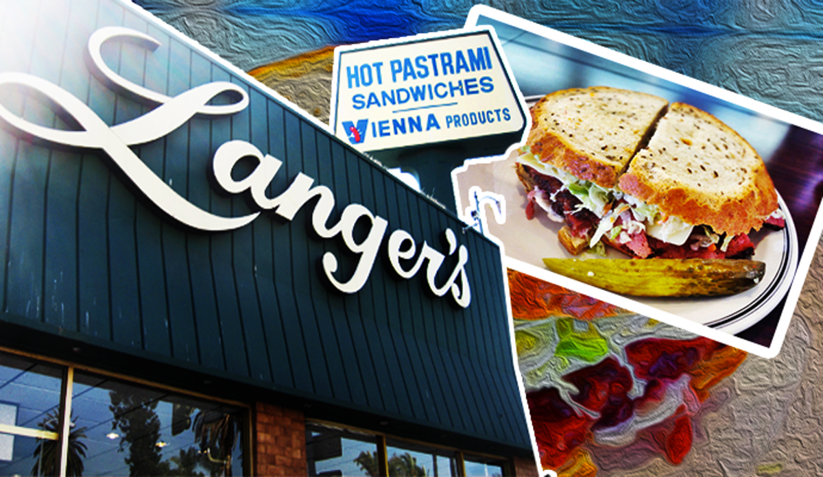 Langer's storefront and one of the restaurant's famous No. 19 pastrami sandwiches (Credit: T.Tseng and Sam Felder via Flickr)