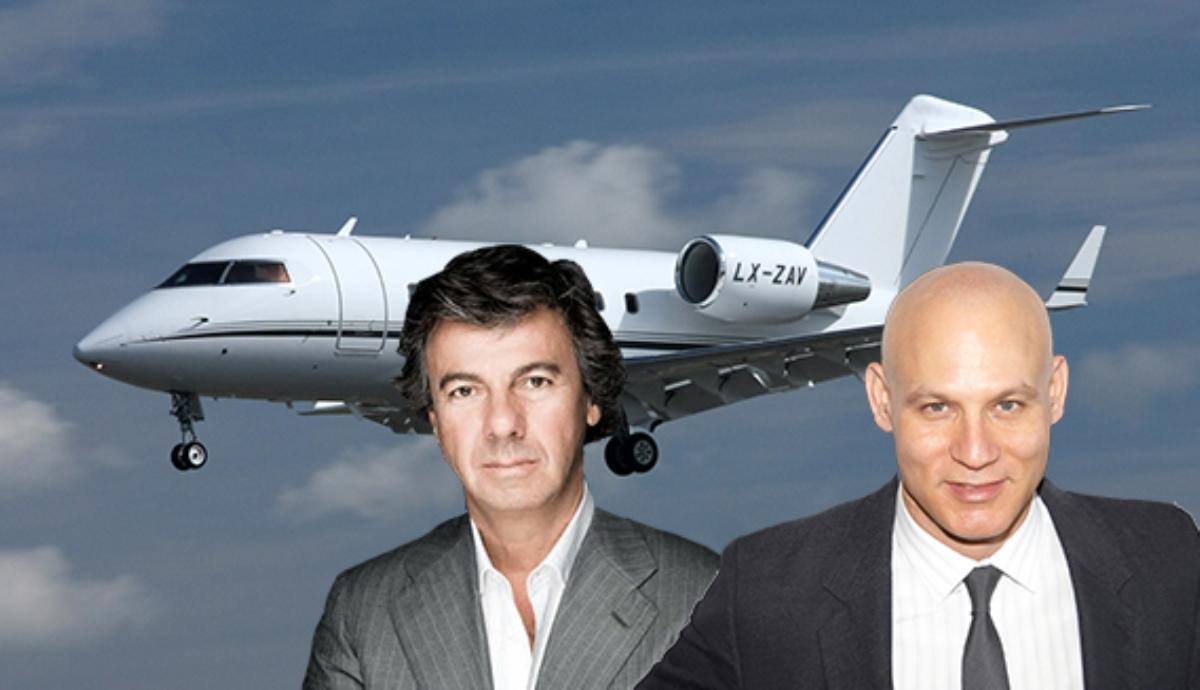 Ugo Colombo and Craig Robins and a Bombadier Challenger jet (Credit: Ronnie Macdonald)