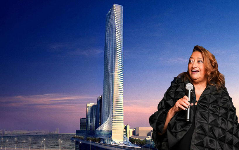 Zaha Hadid and a rendering of the Nile Tower in Egypt (credit: Zaha Hadid Architects)
