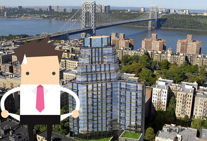 An illustration of a bankrupt man and a rendering of One Bennett Park at 33-35 Overlook Terrace (Credit: PropertyIDX and iStock)