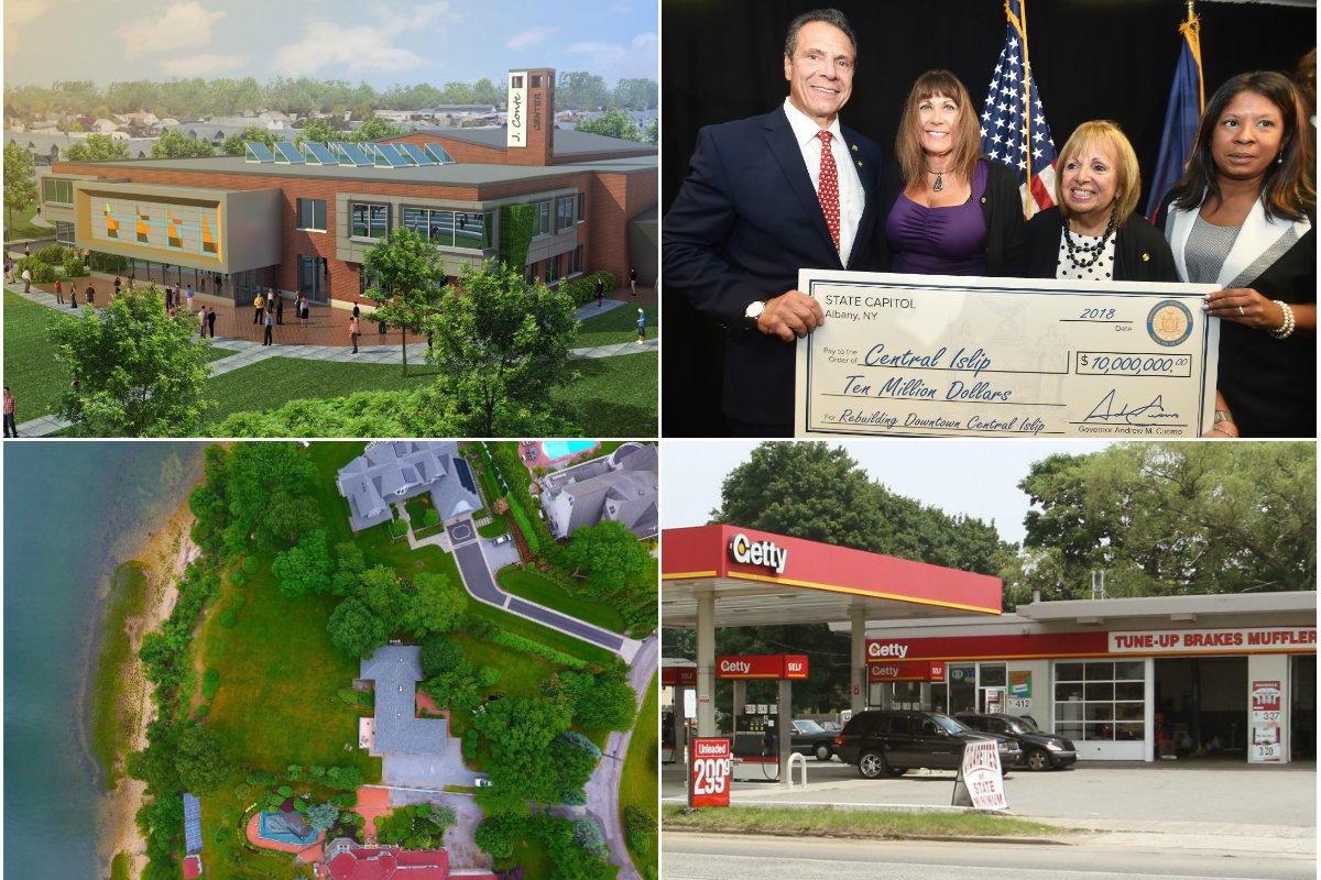Clockwise from top left: Huntington pulls contract with Bohemia architects over fees, Central Islip to get $10M from state to revitalize downtown, Jericho company buys six properties for $17M and Former Setauket estate of suffragette and WW1 nurse lists for $3.25M.