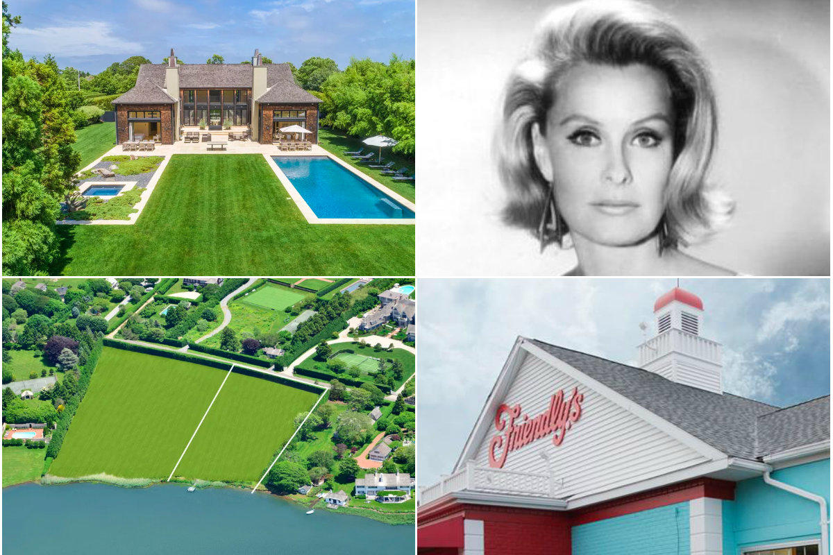 Clockwise from top left: Sagaponack mansion lists for $11M, Actress Dina Merill's East Hampton home sold to family for $8.2M, John Tortorella buys ex-Friendly's site in Hampton Bays and plans new restaurant and Empty Georgica Pond-front plot once owned by David Geffen cuts price to $19.9M.