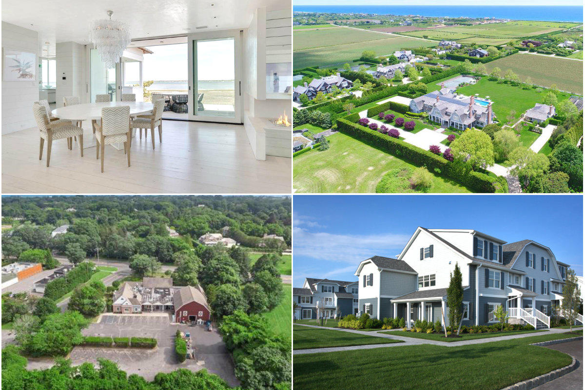 Clockwise from top left: Sleek waterfront home in Southampton lists for $9.75, Sagaponack mansion's price chopped down to $21.5M, Developers and brokers cross fingers for more condo sales amid rocky market and East Hampton home of Hampton Beverage lists for $5.9M.