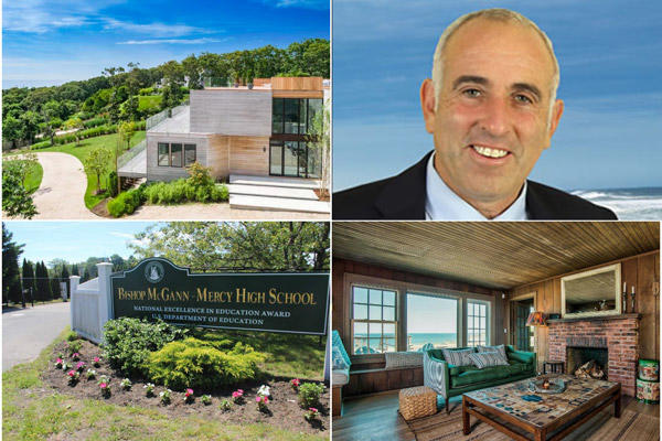 Clockwise from top left: Montauk home with rooftop pool and ocean views lists for $8.49M, Southampton Town Supervisor Jay Schneiderman says plan to buy and raze Hampton Bays motel to make room for condos could serve as a model for other projects, Quogue home with rooftop pool lists for $13.5M and $10M offered for Riverhead high school property.