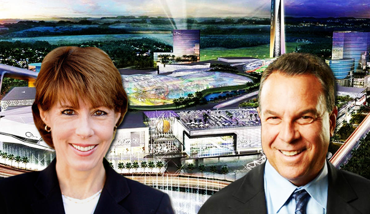 Jeff Greene, Gwen Graham and a rendering of American Dream Miami