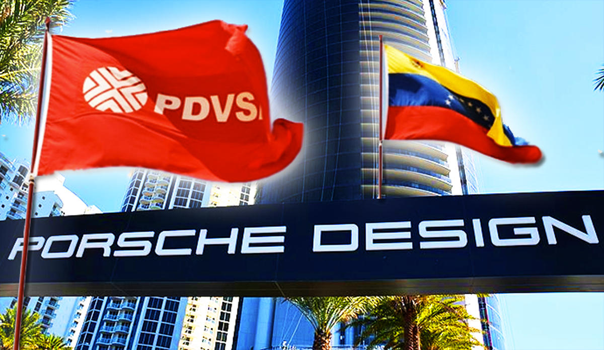 Porsche Design Tower, the flag of PDVSA and the Venezuelan flag
