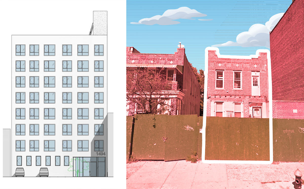 A rendering of 1515 Park Place and the site in Crown Heights (Credit: S. Weider Architects and Google Maps)