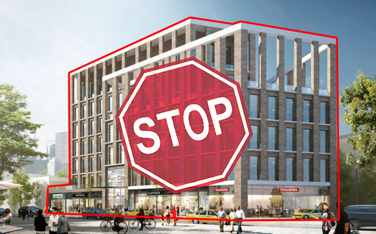 A rendering of 40-31 82nd Street and a stop sign (Credit: iStock)