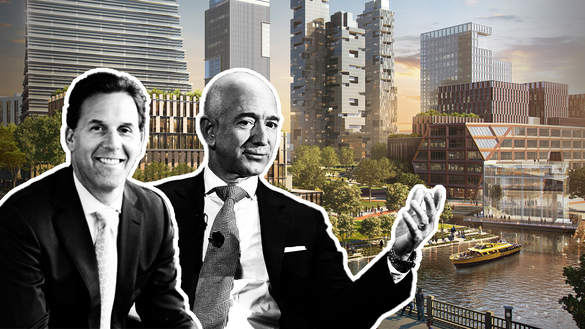 From left: Related Midwest’s Curt Bailey, Amazon CEO Jeff Bezos, and a rendering of The 78 (Credit: Related Midwest and Getty Images)