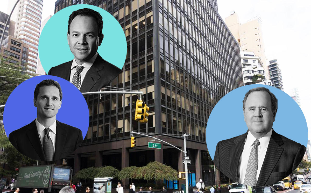 Clockwise from left: Rockpoint Group's Paisley Boney, Keith Gelb, William Walton, and One Dag Hammarskjöld Plaza (Credit: PropertyShark and Rockpoint Group)