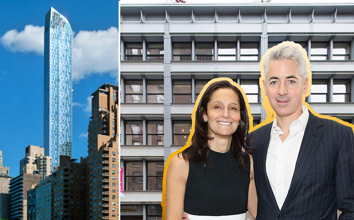 From left: One57 at 157 West 57th Street, 111 Greene Street, Karen Ackman, and Bill Ackman (Credit: Wikipedia and Getty Images)