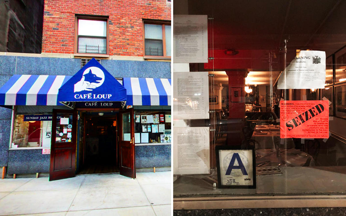 Café Loup at 105 West 13th Street and the seize notice (Credit: Google Maps and Twitter)