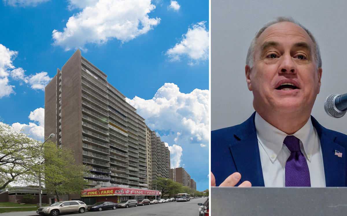 From left: Linden Plaza Apartments at 663 Lincoln Avenue and Thomas DiNapoli (Credit: Apartments and Getty Images)
