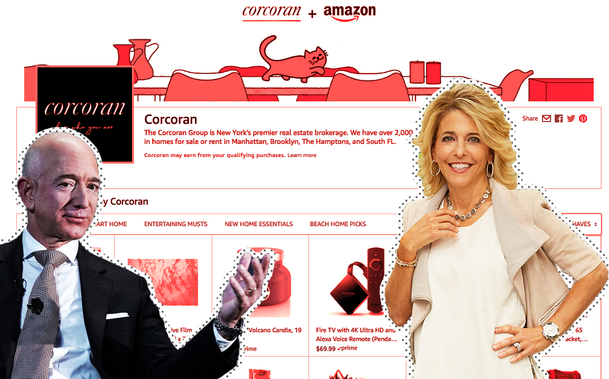 From left: Amazon CEO Jeff Bezos, a screengrab of the Corcoran affiliate page on Amazon, and Corcoran CEO Pam Liebman (Credit: Getty Images and Amazon)