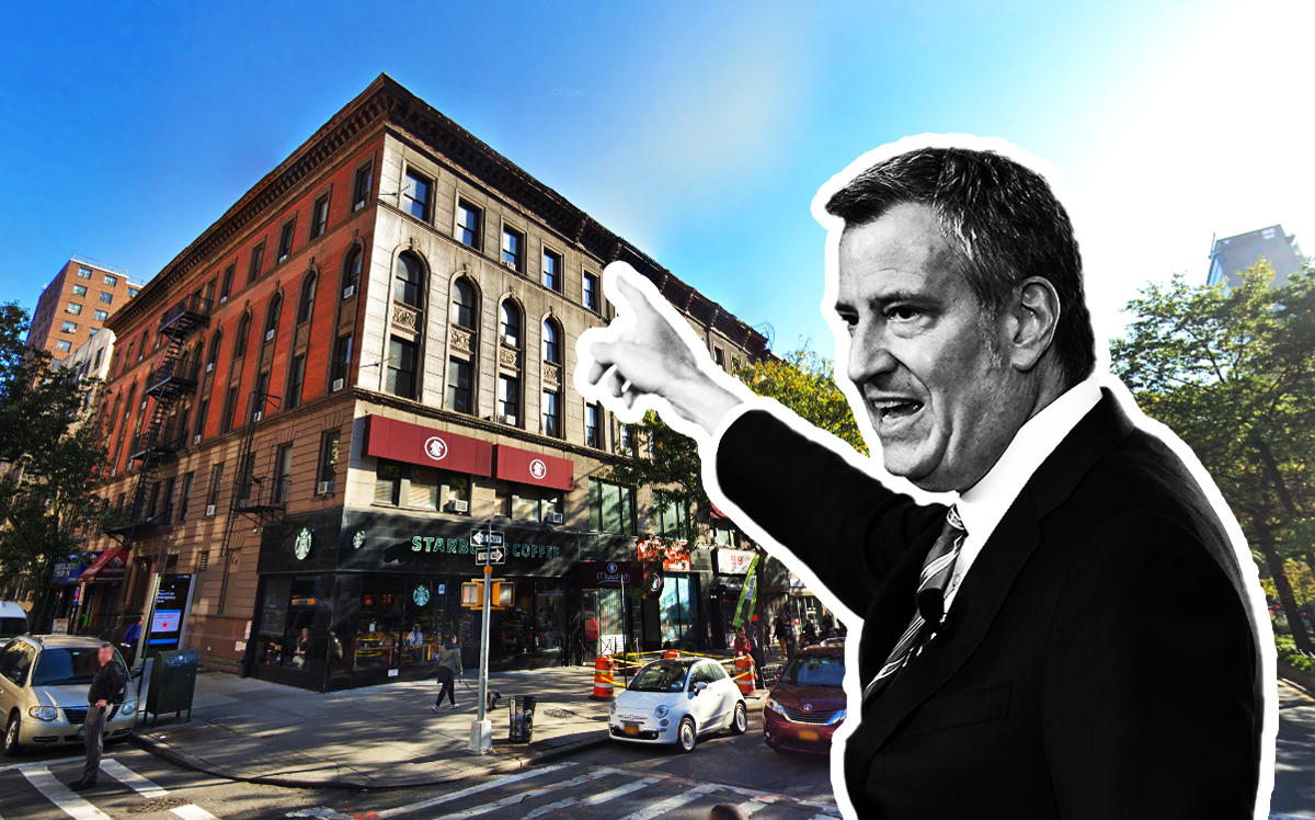 Mayor Bill de Blasio and Marrakech hotel at 2690 Broadway (Credit: Getty Images and Google Maps)