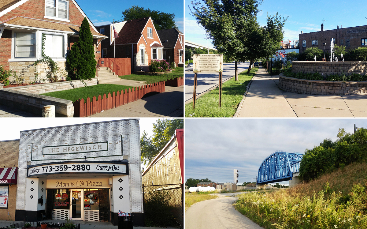 Clockwise from top left: Bungalows in East Side, a “pocket park” fountain in East Side, a vacant storefront in Hegewisch, Hegewisch Marsh Park