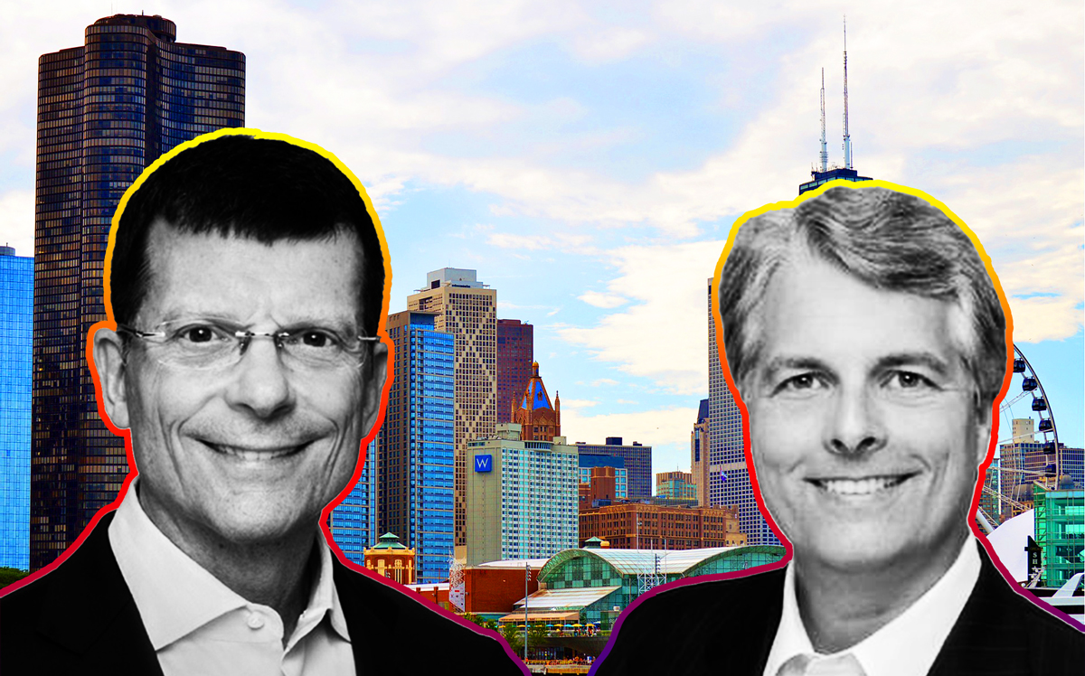 David Neithercut, Mark Parrell, and the Chicago skyline (Credit: Equity Residential and McKnight's Senior Living)