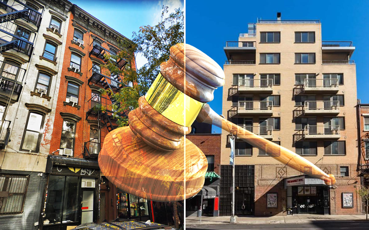153 Stanton Street and 159 Bleecker Street overlaid with a gavel (Credit: Google Maps, CityRealty, and Wikipedia)