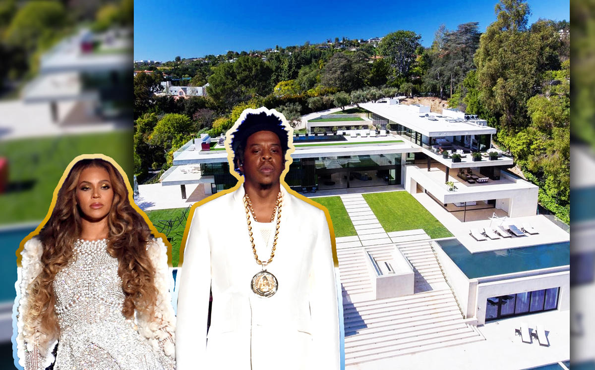 Beyonce, Jay-Z, and their Bel Air Mansion in Los Angeles (Credit: Pinterest and Getty Images)