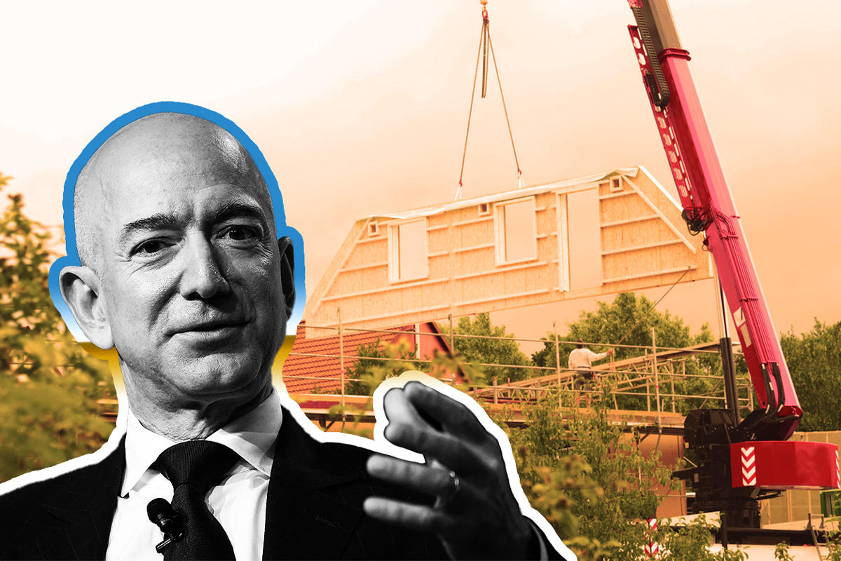Jeff Bezos and an assembly of a pre-fab home (Credit: Getty Images and iStock)