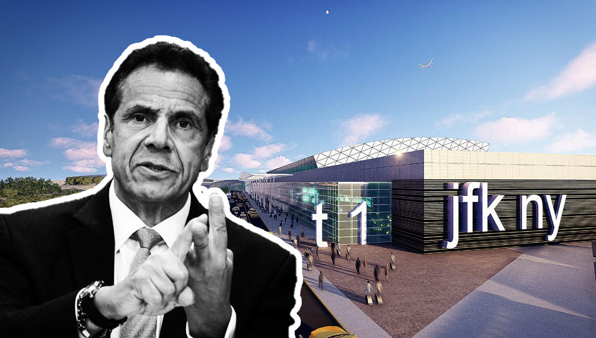 Governor Andrew Cuomo and renderings of John F. Kennedy International Airport (Credit: Getty Images)