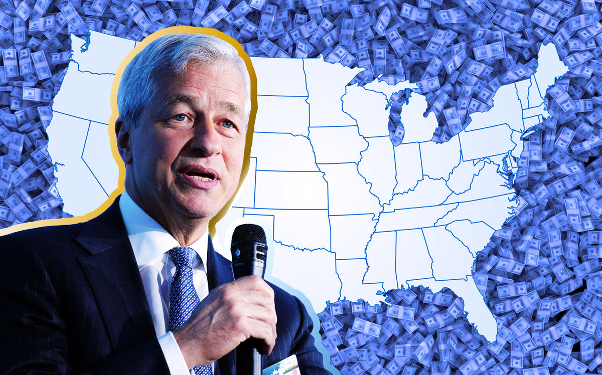 JPMorgan Chase CEO Jamie Dimon and a map of the US with money in the background (Credit: Getty Images and iStock)