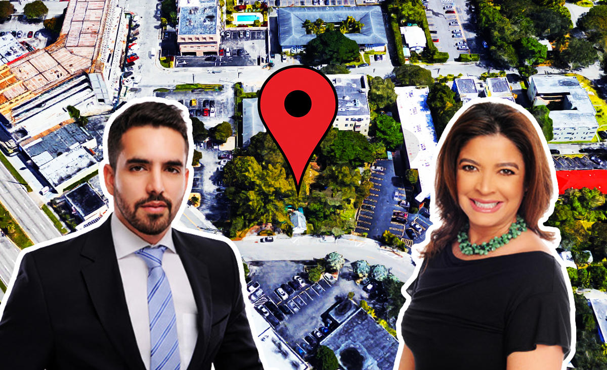 Apex Capital Realty’s Miguel Pinto and Jenny May and 7435 Southwest 61st Avenue (background) (Credit: Apex Capital Realty and Google Maps)