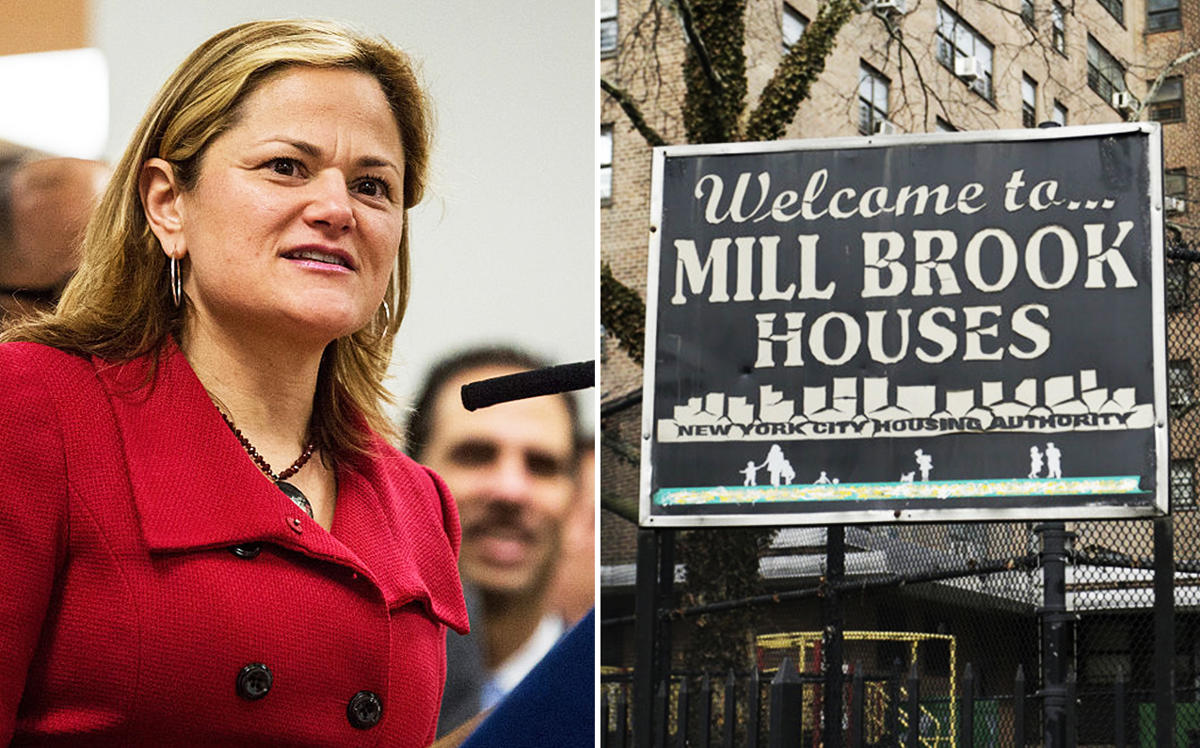 Melissa Mark-Viverito and Mill Brook Houses at 160 Saint Anns Avenue in the Bronx (Credit: Getty Images and Apartments)