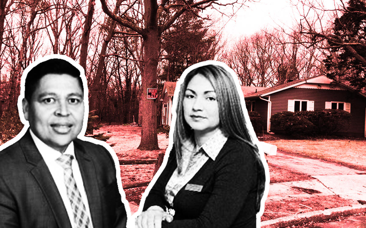 From left: Carlos Amaya from Exit Realty, Oneyda Gallardo of Empire Home Realty of Long Island and 6 Ray Court in Brentwood (Credit: Exit Realty and Realtor)