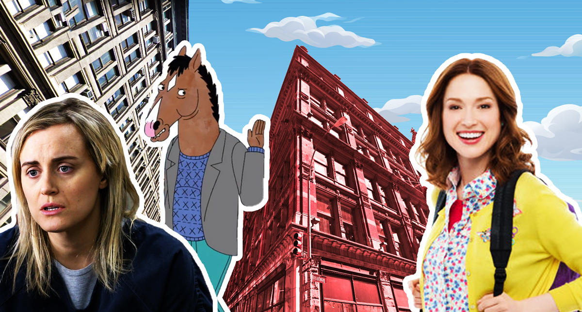 Characters from Netflix's Orange is the New Black, Bojack Horseman, Unbreakable Kimmy Schmidt, and 888 Broadway (Credit: Wikipedia and Google Maps)