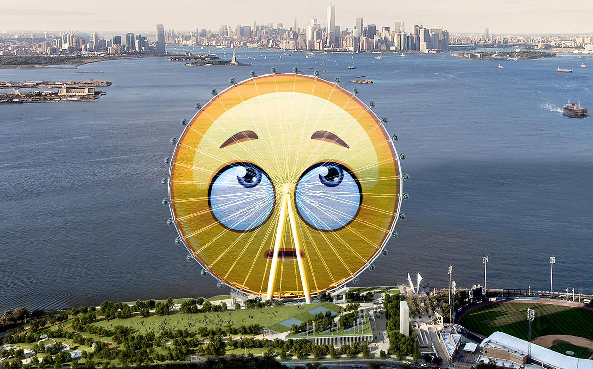A rendering of the New York Wheel overlayed with a rolling eyes emoji (Credit: Cosentini Associates and iStock)